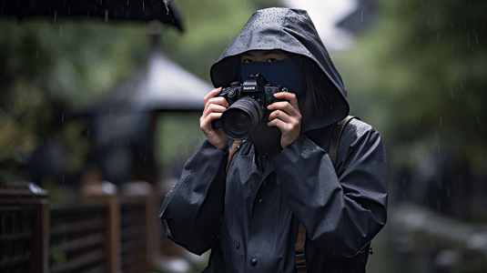 穿着雨衣的记者在拍摄