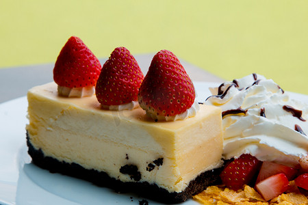 巧克力粒摄影照片_草莓芝士蛋糕奶油和巧克力粒。