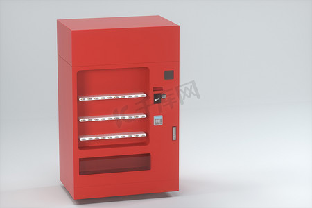白色背景自动售货机的红色模型，3d 渲染。