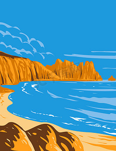英国康沃尔郡特林悬崖上的洛根岩石英国装饰艺术 Wpa 海报艺术