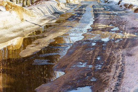 冰雪场景摄影照片_用冰雪覆盖的冬季道路，有水坑和车辙