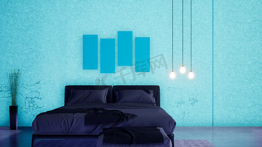 带双人床的现代蓝色卧室内部，3d 渲染背景
