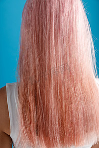 蓝色工作室背景中孤立的年轻女子美丽时尚、天然长粉红色染发的特写镜头