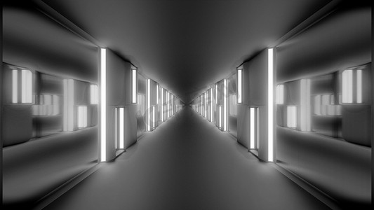 3d房间壁纸摄影照片_干净的未来科幻隧道走廊与发光灯和玻璃窗 3d 插图壁纸背景设计