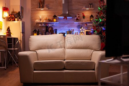 空荡荡的客厅，配有现代家具，准备迎接圣诞假期