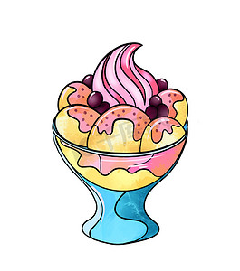 糖果彩色图画的插图：黄色粉红色甜点冰淇淋球，中间用粉红色奶油装饰，在白色孤立背景的蓝色花瓶中