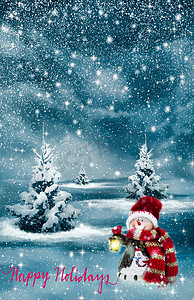 圣诞树木摄影照片_带有雪人图片的圣诞贺卡