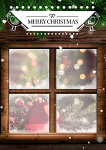 窗外下雪摄影照片_窗外圣诞快乐问候的合成图像
