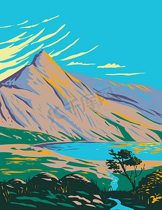 斯诺登山和格拉斯林湖在威尔士西北部斯诺登尼亚国家公园英国装饰艺术 WPA 海报艺术