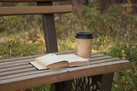 秋季公园长凳上放着一本书的纸杯