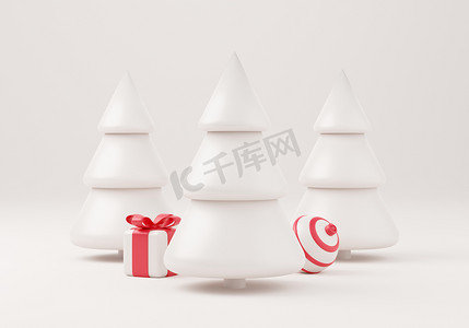 3D 圣诞树与礼品盒和球白色背景，圣诞海报，网页横幅。 