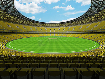 美丽的现代大型圆形板球场，配有亮黄色座位和 VIP 包厢