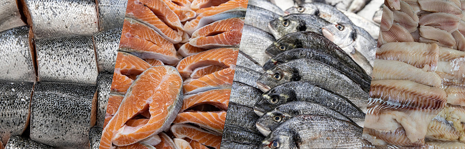 公共开放超市冰盘上的淡水鱼和海鱼