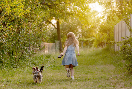 小女孩带着狗在乡下跑步