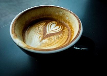 深色背景中一杯热拿铁咖啡，配上爱心形状的泡沫牛奶