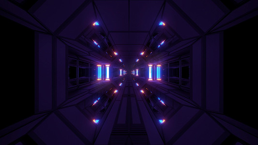 黑暗干净的未来派科幻空间机库隧道走廊与酷反射灯 3d 插图背景墙纸设计