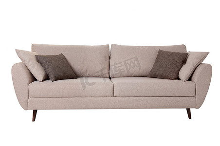 拿手布艺沙发摄影照片_现代灰色布艺沙发，配有在白色背景上隔离的枕头。