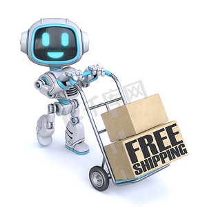 可爱的蓝色机器人与手推车免费送货概念 3D
