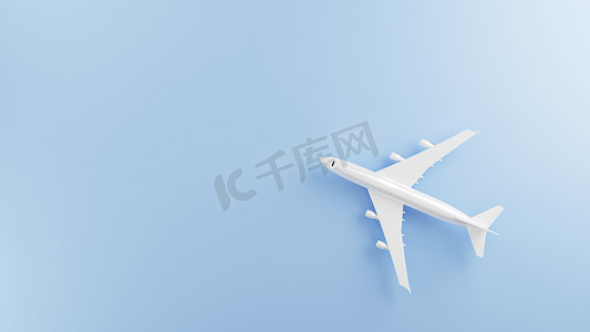 蓝色背景旅行飞机模型飞机顶视图平铺设计