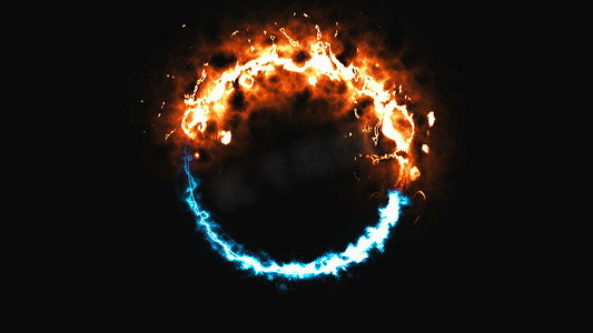 冰火元素摄影照片_空间中明亮的动态火和冰环，这是相反的符号，3d 渲染，计算机生成的背景