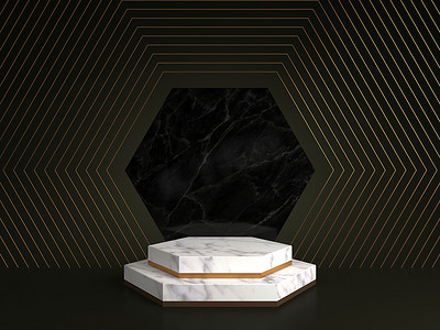 黑色背景、六边形金框、纪念板、六边形台阶、抽象最小概念、空白空间、简洁设计、豪华简约模型的白色大理石基座的 3d 渲染