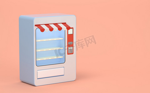 空的自动售货机，粉红色背景，3D 渲染。