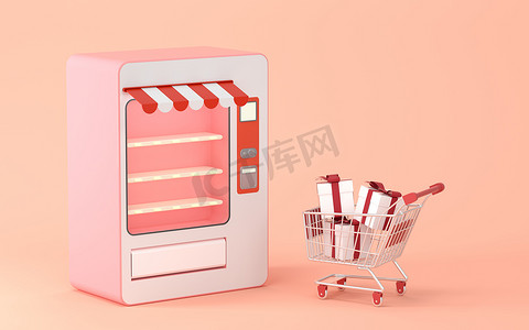 空的自动售货机和粉红色背景的礼物，3D 渲染。