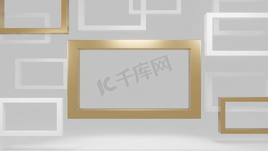 灰色古典背景摄影照片_金色和白色框架现代灰色背景 3d 渲染。