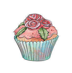 糖果彩色图画的插图：带有粉红色奶油的橙色纸杯蛋糕，上面装饰着红色的花朵和绿色的叶子，在白色的孤立背景上