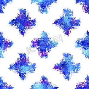水彩画笔十字无缝图案田庄几何设计蓝色。