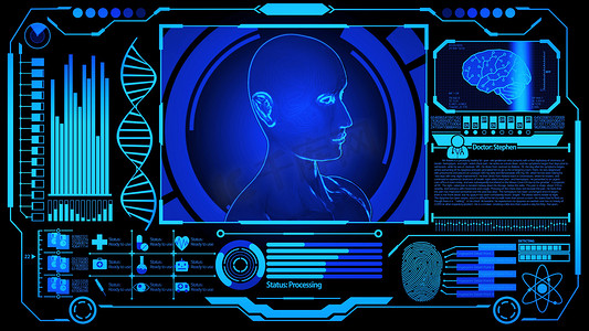 3D 人体头部模型渲染在医疗未来派 HUD 显示屏中旋转，包括 DNA、数字脑扫描、指纹等，蓝色静止图像 Ver.1（全屏）