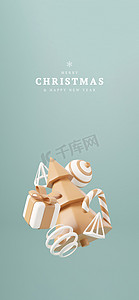 3D 圣诞树与红色礼品盒和球绿色背景，圣诞海报，网页横幅。 