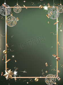 绿色庆祝派对背景与金色五彩纸屑和边框