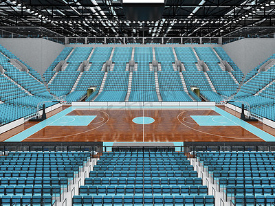 美丽的现代篮球运动场，设有天蓝色座位和 VIP 包厢
