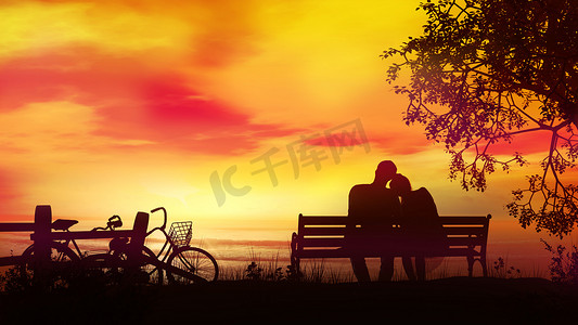 情侣傍晚摄影照片_骑自行车后，情侣坐在长椅上看傍晚的大海
