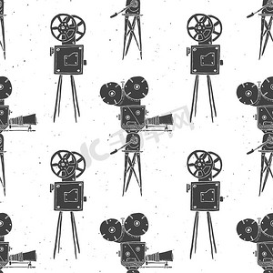相机复古无缝图案，手绘草图，复古电影和电影工业，矢量图
