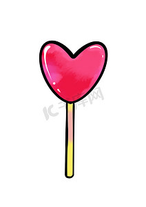 糖果彩色图画的插图：白色孤立背景上的红心形棒棒糖
