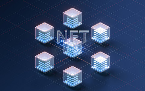 NFT 不可替代代币概念，具有深色背景，3D 渲染。
