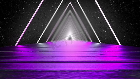 荧光摄影照片_3D 渲染、抽象背景、虚拟现实、计算机生成的荧光紫外线、发光的霓虹灯线、一条带平直道路的三角形隧道