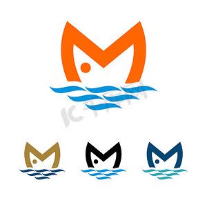 M 字母鱼标志模板插图设计。