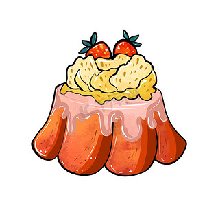 糖果彩色图画的插图：红棕色蛋糕布丁，淋上奶油，并在白色孤立的背景上装饰着菠萝和草莓片
