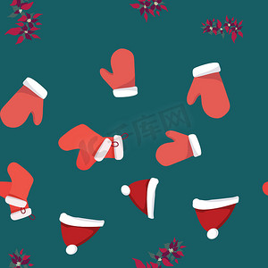 圣诞袜矢量摄影照片_收集红色圣诞老人手套、圣诞帽和一品红无缝图案。