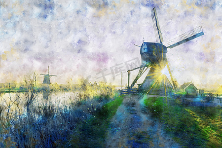 暮光摄影照片_荷兰 Alblasserdam 运河中部联合国教科文组织遗产风车轮廓上的暮光日出