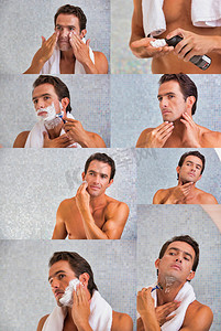 有魅力的男人在浴室里刮胡子的照片