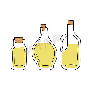 手绘草图-橄榄油瓶的集合。