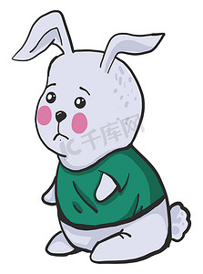 穿绿色衬衫的悲伤兔子，插图，白色背景上的矢量