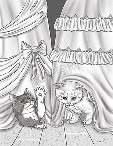 两只小猫在派对礼服下玩耍和隐藏无色线条画。