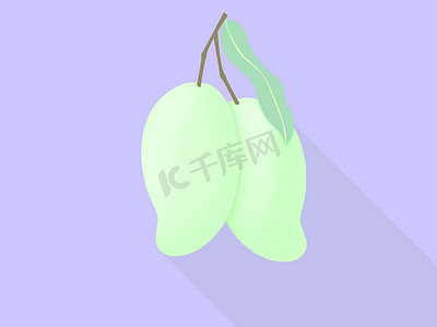 海报水果背景摄影照片_两个热带水果绿色芒果图标，用于紫色背景平面设计海报