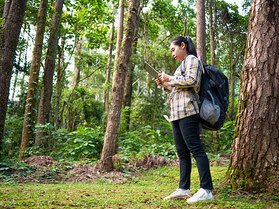 坐标旅行摄影照片_年轻女性旅行者在暑假那天在森林里的平板电脑上搜索 GPS 坐标。