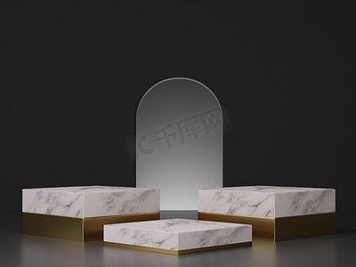 带有金色基座台阶的白色大理石 3D 渲染模型和